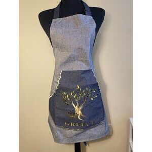 F&L Made in Greece Denim Apron Olive Tree Embroidery Blue Kitchen Chef Apron